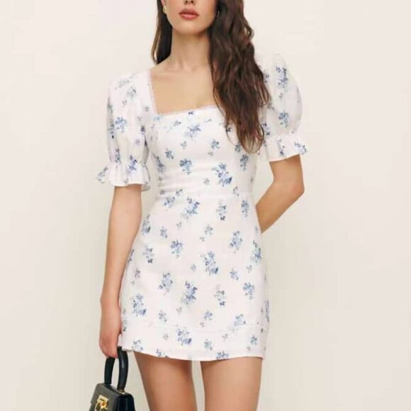 BEST Reformation Evianna Linen Mini Dress Delicacy Blue Ivory Floral Causal - Picture 4 of 14